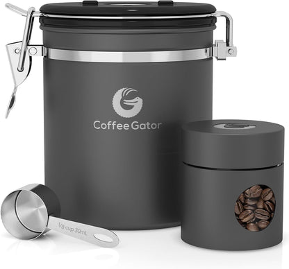 Coffee Canister Airtight, 16Oz Stainless Steel and 4Oz Borosilicate Glass Travel Kitchen Food Storage Container with Date Tracker, Scoop for Beans, Ground, Sugar, Tea, Cookies Jars